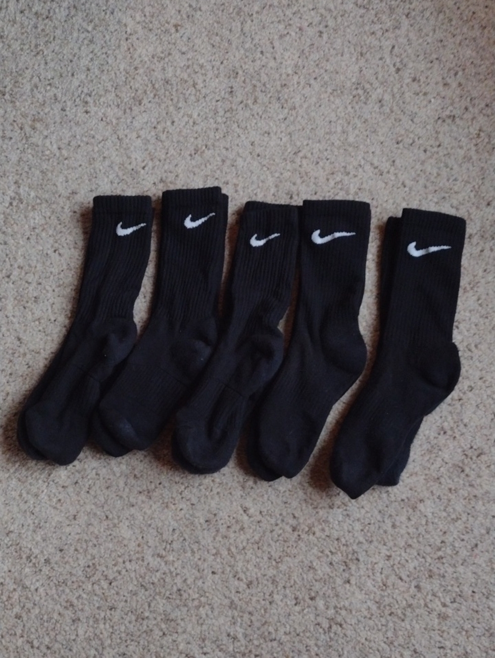 Nike Black Crew Athletic Socks with White Swoosh - 5 Pair